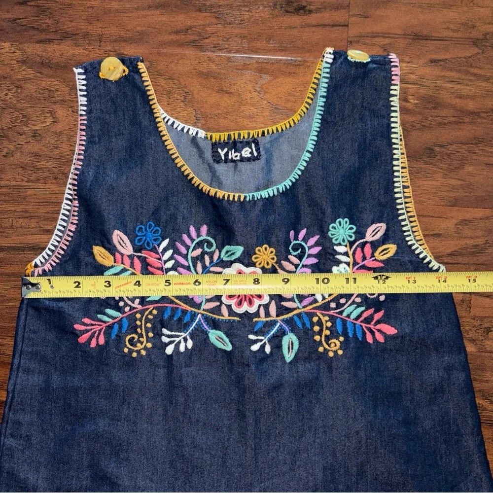 Girls' Dark Blue Denim Embroidered Sleeveless Dress